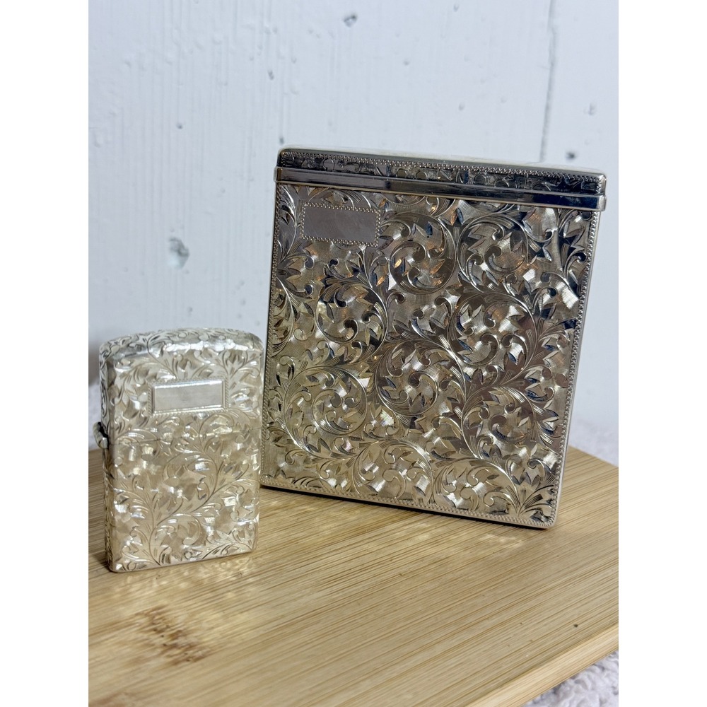 Japanese Sterling 950 Silver Cigarette Case & Lighter Set Hand Engraved 218g
